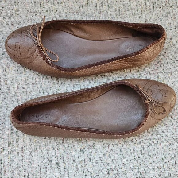 Gucci Women sandal Flat Brown Leather Upper G Logo Ballet Shoe Made Italy 38.5 - Picture 6 of 12